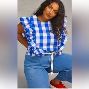 Anthropologie Whit Two 100% Cotton Gingham Ruffle Blouse Sleeveless Size 1X